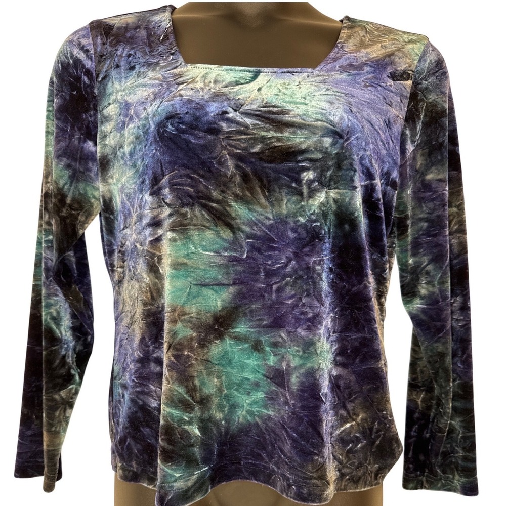 Fashion Bug Velvet Top Womens XL Blue Tie Dye Y2K Square Neck Artsy Witchy